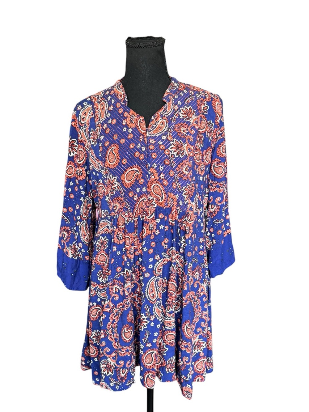 BIBA Blue Paisley Boho Tunic Dress Size 40 (Large)Bell Sleeve Babydoll India